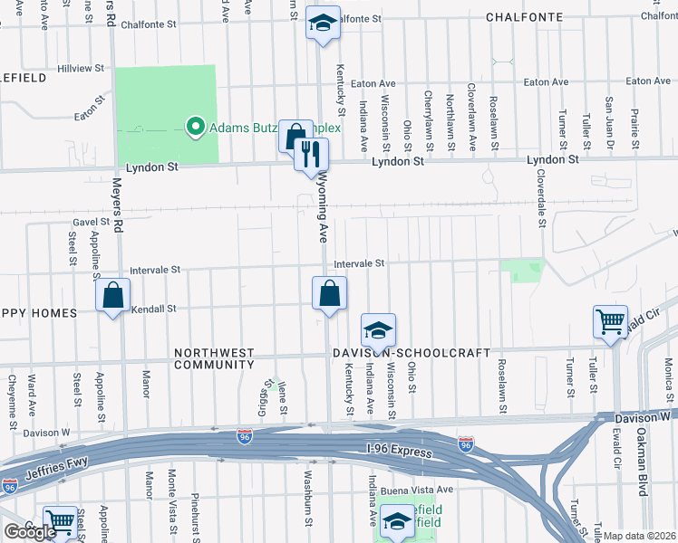 map of restaurants, bars, coffee shops, grocery stores, and more near 8917 Intervale Street in Detroit