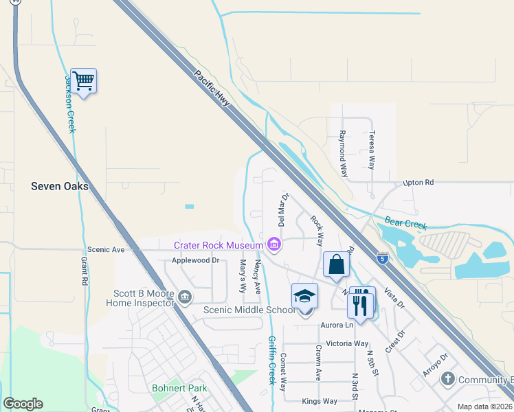 map of restaurants, bars, coffee shops, grocery stores, and more near 5145 Dobrot Way in Central Point