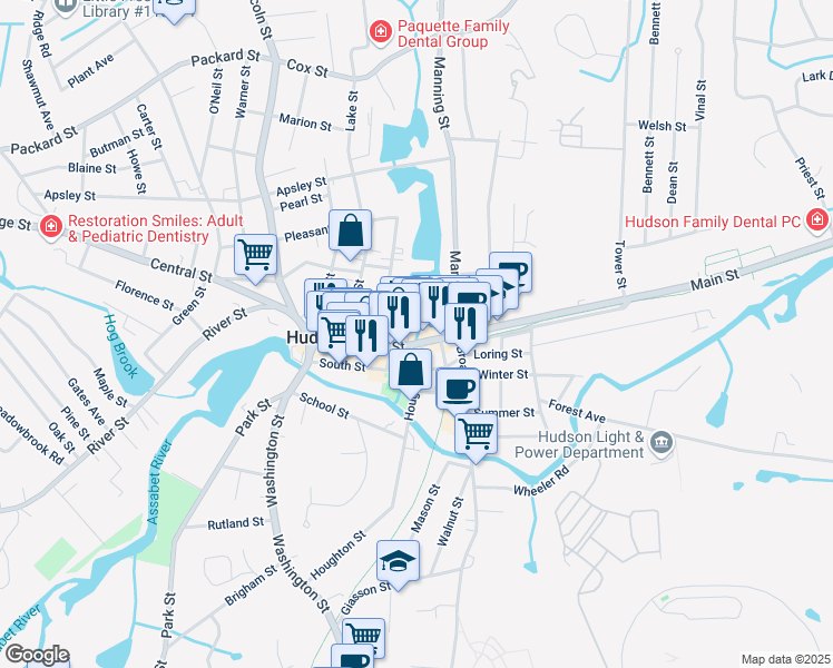map of restaurants, bars, coffee shops, grocery stores, and more near 136 Main Street in Hudson