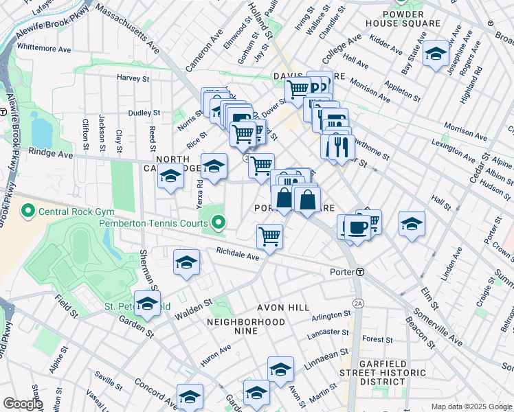 map of restaurants, bars, coffee shops, grocery stores, and more near 35 Pemberton Street in Cambridge