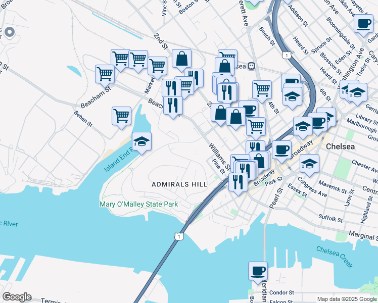 map of restaurants, bars, coffee shops, grocery stores, and more near 201 Captains Row in Chelsea