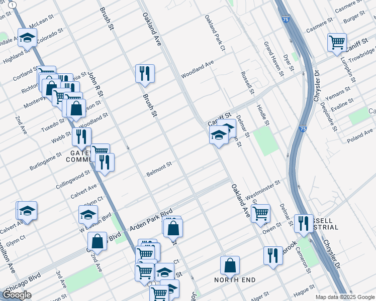 map of restaurants, bars, coffee shops, grocery stores, and more near 553 Belmont Street in Detroit