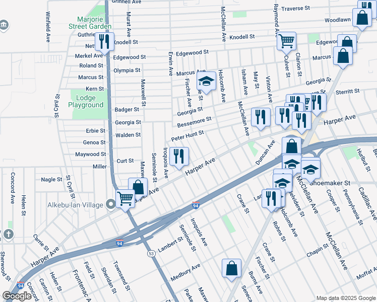 map of restaurants, bars, coffee shops, grocery stores, and more near 6676 Burns Avenue in Detroit