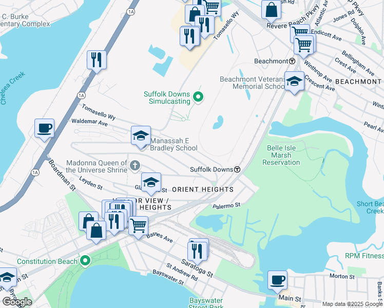 map of restaurants, bars, coffee shops, grocery stores, and more near 65 Waldemar Avenue in Boston