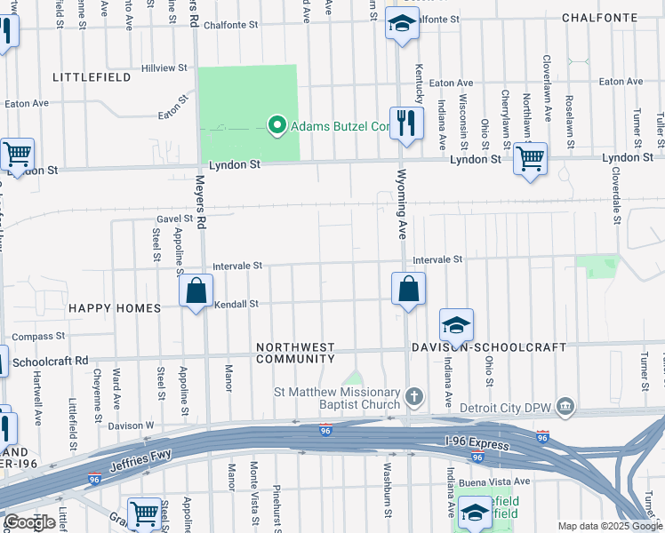 map of restaurants, bars, coffee shops, grocery stores, and more near 14182 Birwood Street in Detroit