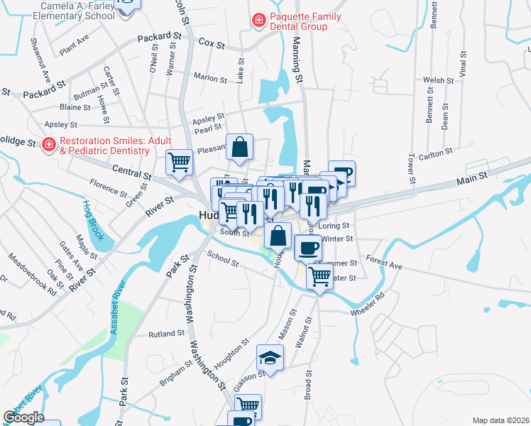 map of restaurants, bars, coffee shops, grocery stores, and more near 80 Main Street in Hudson