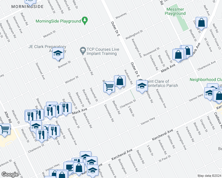 map of restaurants, bars, coffee shops, grocery stores, and more near 3460 Bedford Street in Detroit