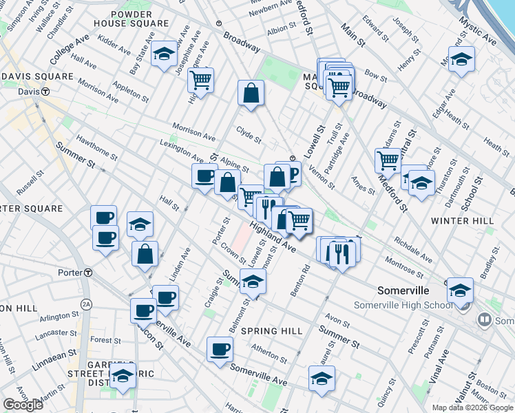 map of restaurants, bars, coffee shops, grocery stores, and more near 121 Hudson Street in Somerville
