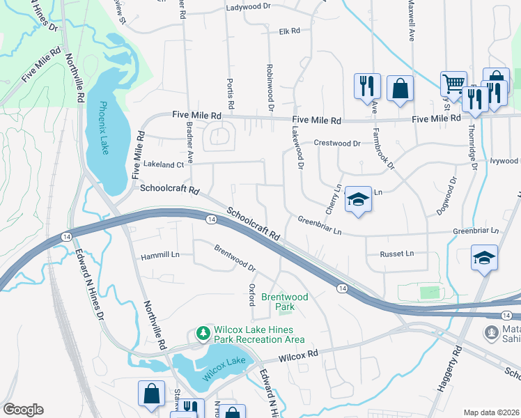 map of restaurants, bars, coffee shops, grocery stores, and more near 14863 Plymouth Crossing in Plymouth