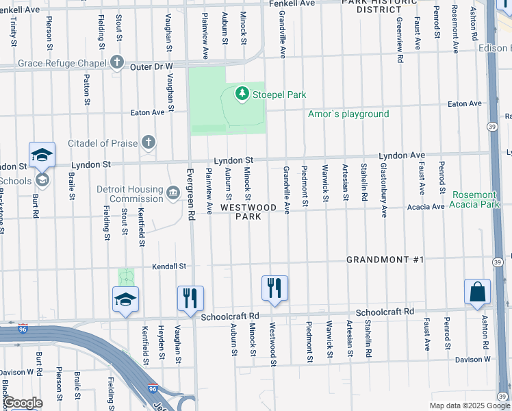 map of restaurants, bars, coffee shops, grocery stores, and more near 14316 Minock Street in Detroit