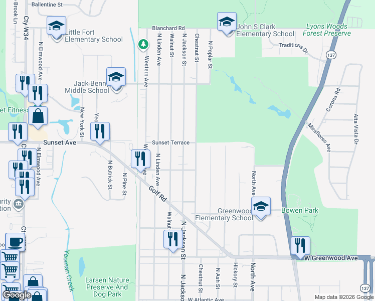 map of restaurants, bars, coffee shops, grocery stores, and more near 2133 North Jackson Street in Waukegan