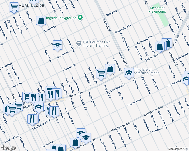 map of restaurants, bars, coffee shops, grocery stores, and more near 3492 Devonshire Road in Detroit