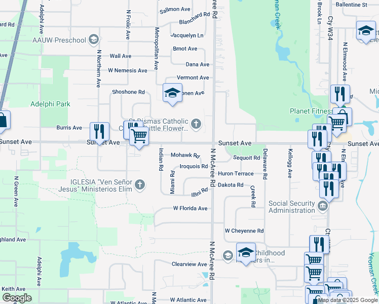 map of restaurants, bars, coffee shops, grocery stores, and more near 2634 Mohawk Road in Waukegan