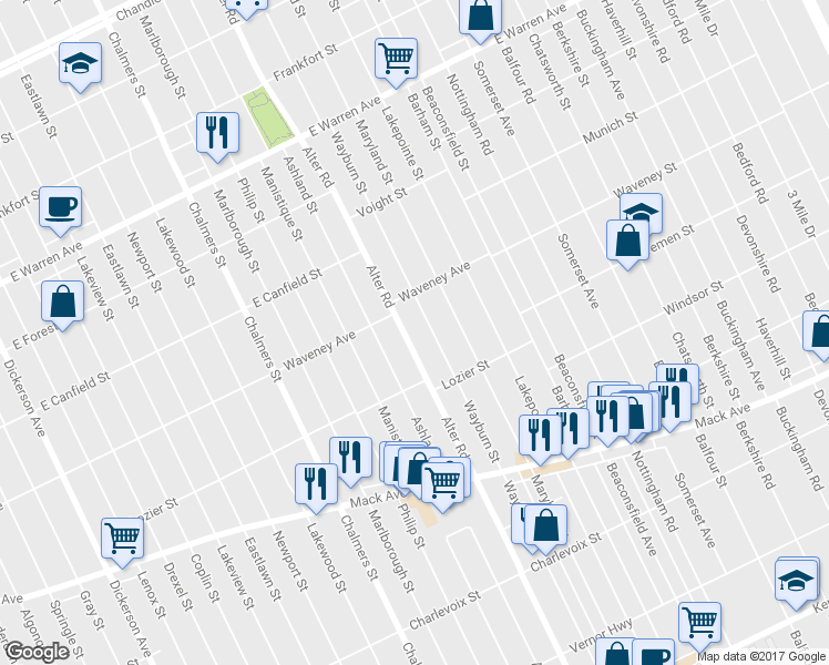 map of restaurants, bars, coffee shops, grocery stores, and more near 4216 Alter Road in Detroit