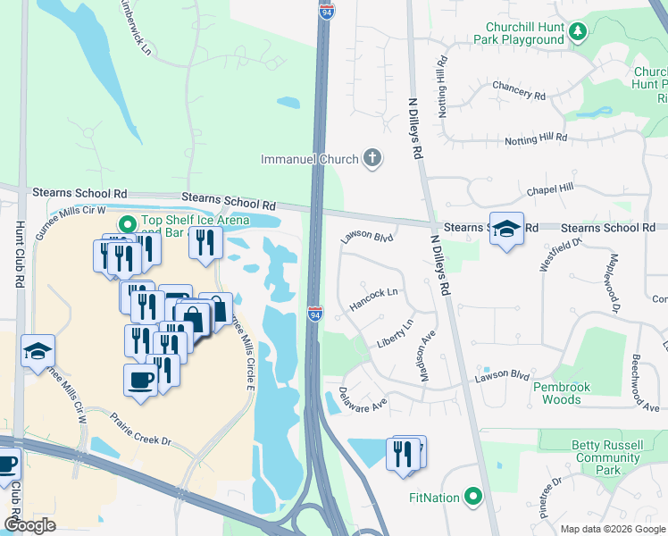 map of restaurants, bars, coffee shops, grocery stores, and more near 2455 Lawson Boulevard in Gurnee