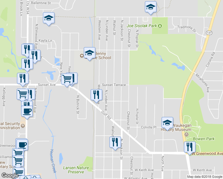 map of restaurants, bars, coffee shops, grocery stores, and more near 2132 Walnut Street in Waukegan