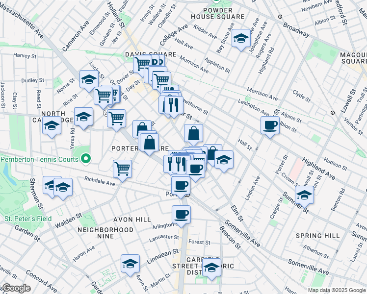 map of restaurants, bars, coffee shops, grocery stores, and more near 25 Beech Street in Cambridge