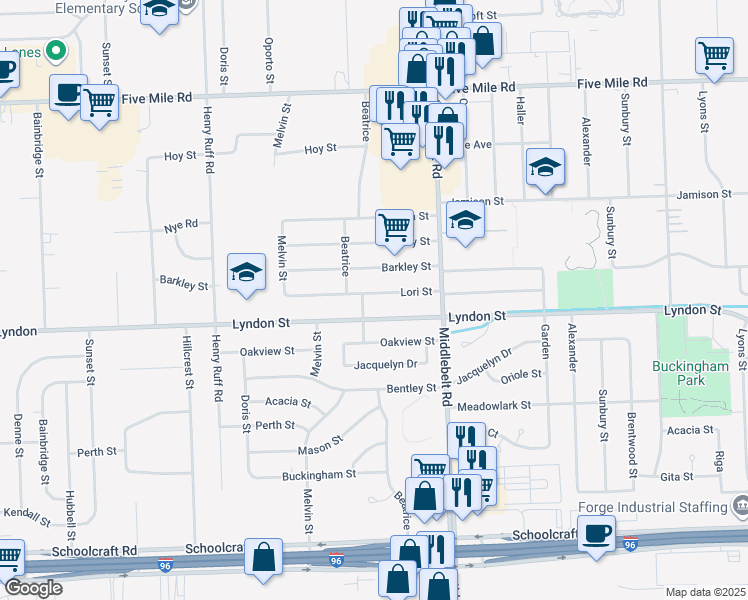 map of restaurants, bars, coffee shops, grocery stores, and more near 29609 Lori Street in Livonia