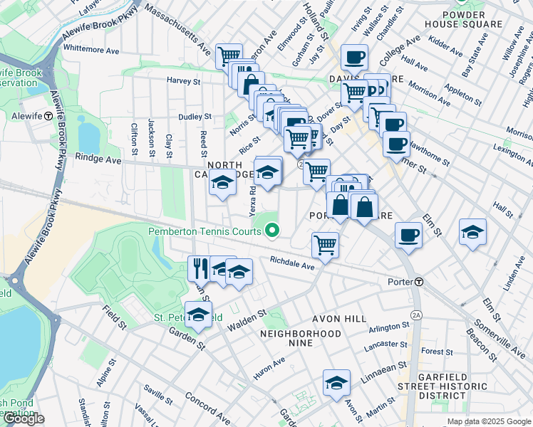 map of restaurants, bars, coffee shops, grocery stores, and more near 70 Rindge Avenue in Cambridge