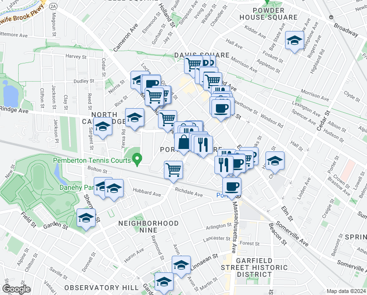 map of restaurants, bars, coffee shops, grocery stores, and more near 2106 Massachusetts Ave in Cambridge