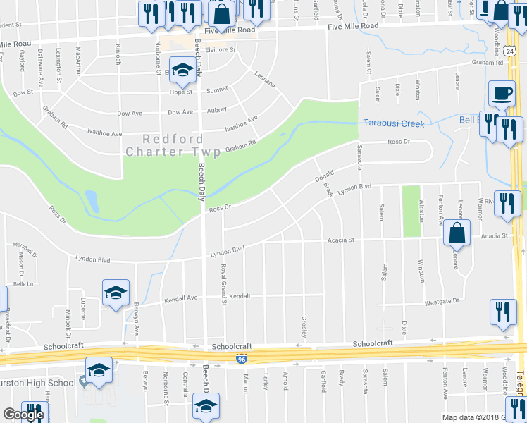 map of restaurants, bars, coffee shops, grocery stores, and more near 25364 Donald in Redford Charter Township