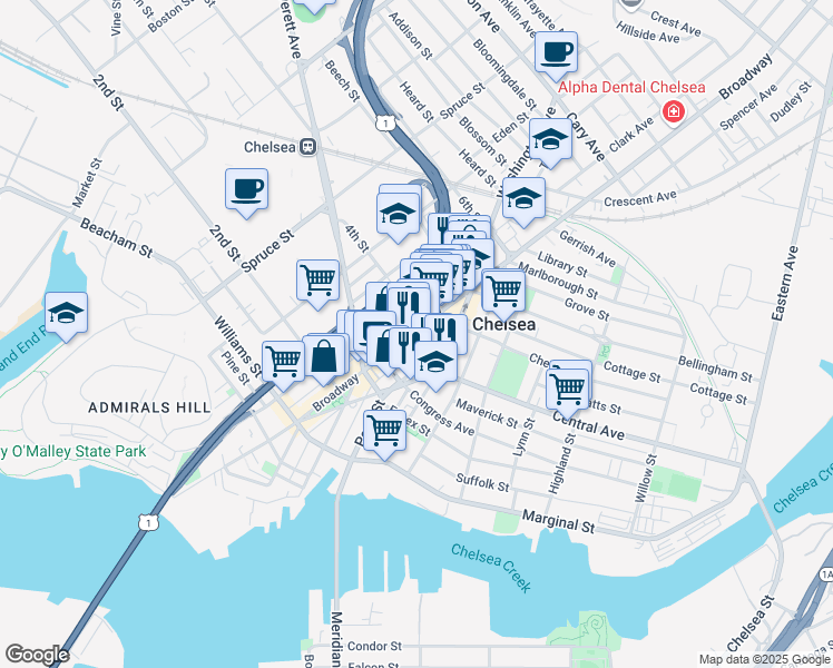 map of restaurants, bars, coffee shops, grocery stores, and more near 337 Broadway in Chelsea