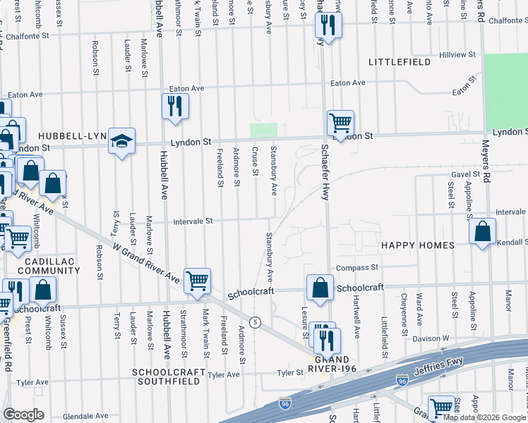 map of restaurants, bars, coffee shops, grocery stores, and more near 14216 Cruse Street in Detroit