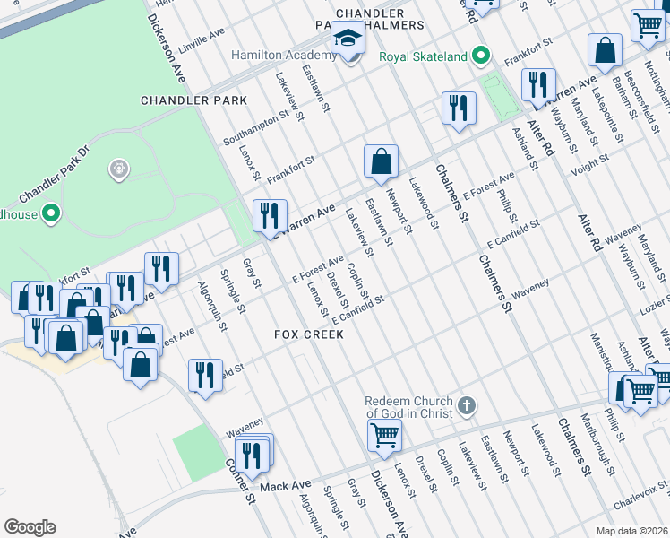 map of restaurants, bars, coffee shops, grocery stores, and more near 4714 Drexel Street in Detroit
