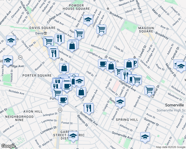 map of restaurants, bars, coffee shops, grocery stores, and more near 11 Hall Street in Somerville
