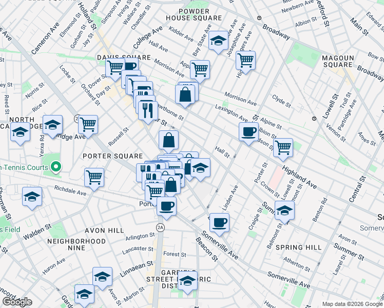 map of restaurants, bars, coffee shops, grocery stores, and more near 41 Burnside Avenue in Somerville