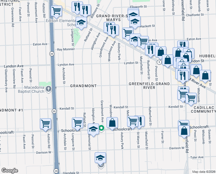map of restaurants, bars, coffee shops, grocery stores, and more near 14257 Woodmont Avenue in Detroit