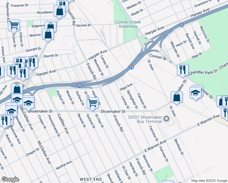 map of restaurants, bars, coffee shops, grocery stores, and more near 5656 Montclair Street in Detroit