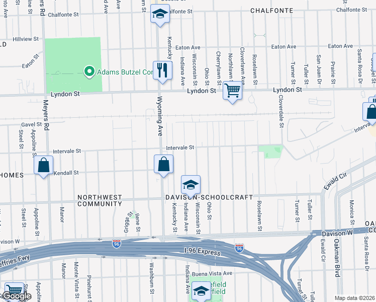 map of restaurants, bars, coffee shops, grocery stores, and more near 8739 Intervale Street in Detroit