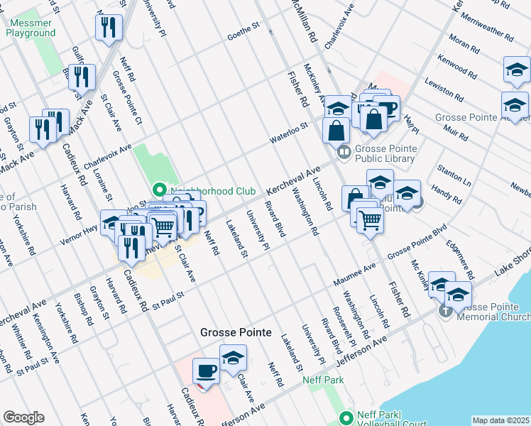 map of restaurants, bars, coffee shops, grocery stores, and more near 534 Rivard Boulevard in Grosse Pointe
