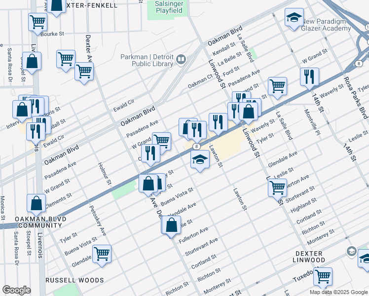 map of restaurants, bars, coffee shops, grocery stores, and more near 3026 West Davison Street in Detroit