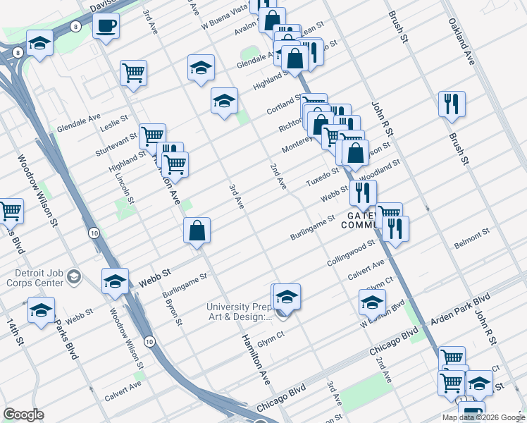 map of restaurants, bars, coffee shops, grocery stores, and more near 151 Tuxedo Street in Highland Park