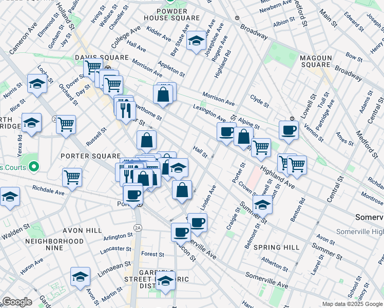 map of restaurants, bars, coffee shops, grocery stores, and more near 283 Summer Street in Somerville