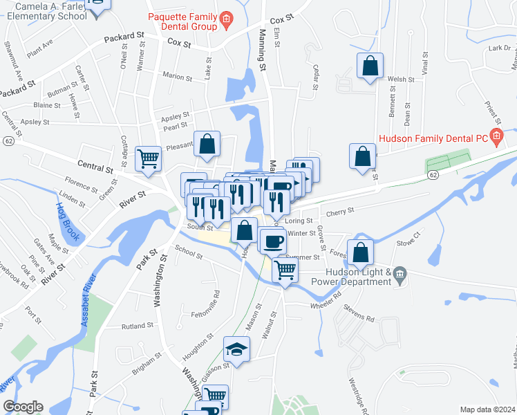 map of restaurants, bars, coffee shops, grocery stores, and more near 158 Main Street in Hudson