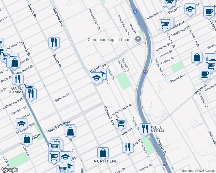 map of restaurants, bars, coffee shops, grocery stores, and more near 9711 Cameron Street in Detroit