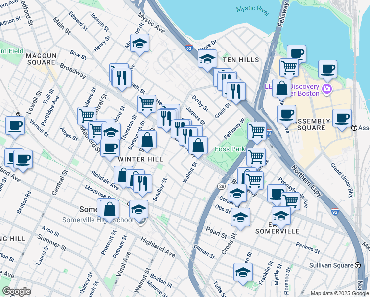 map of restaurants, bars, coffee shops, grocery stores, and more near 300 Broadway in Somerville