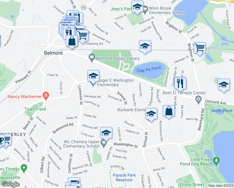 map of restaurants, bars, coffee shops, grocery stores, and more near 123 School Street in Belmont