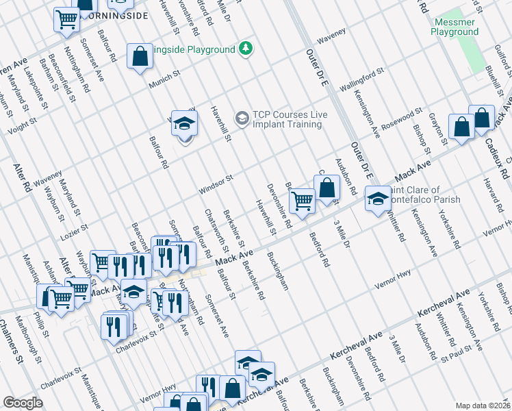 map of restaurants, bars, coffee shops, grocery stores, and more near 3603 Haverhill Street in Detroit