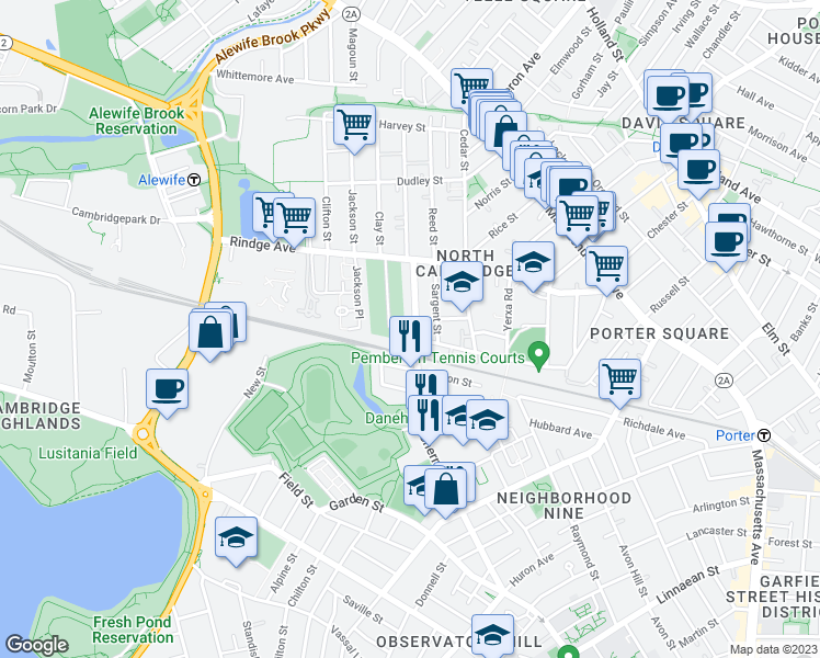 map of restaurants, bars, coffee shops, grocery stores, and more near 159 Sherman Street in Cambridge