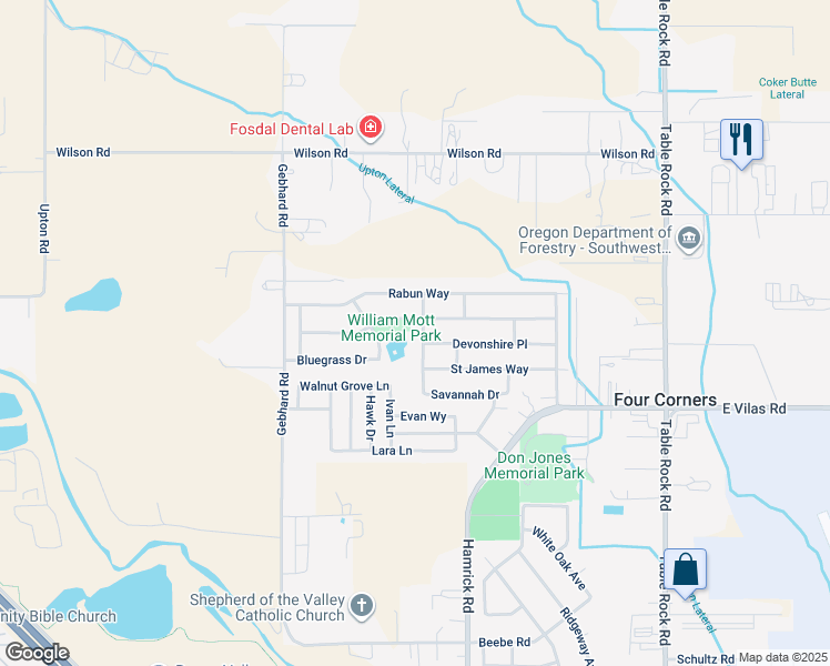 map of restaurants, bars, coffee shops, grocery stores, and more near 1645 Scofield Street in Central Point