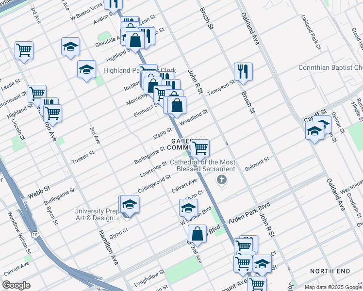 map of restaurants, bars, coffee shops, grocery stores, and more near 11531 Woodward Avenue in Detroit