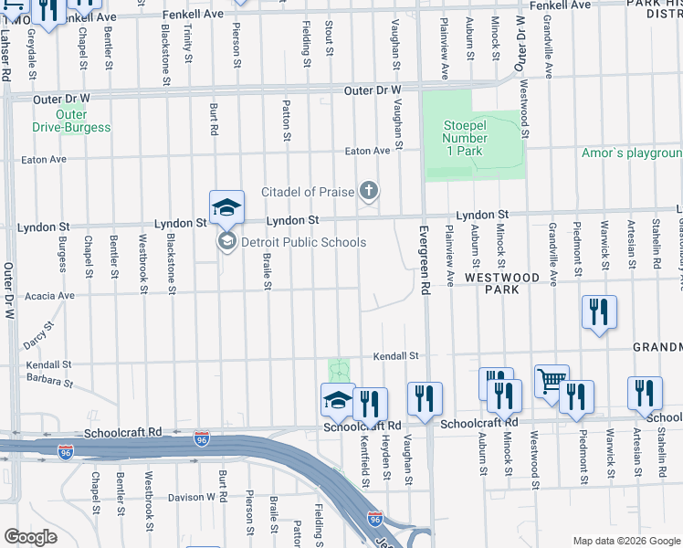 map of restaurants, bars, coffee shops, grocery stores, and more near 14334 Stout Street in Detroit