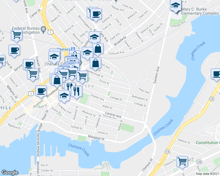 map of restaurants, bars, coffee shops, grocery stores, and more near 102 Bellingham Street in Chelsea