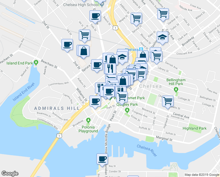 map of restaurants, bars, coffee shops, grocery stores, and more near 7 Everett Avenue in Chelsea