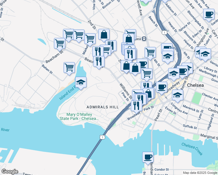 map of restaurants, bars, coffee shops, grocery stores, and more near 201 Captains Row in Chelsea
