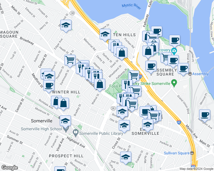 map of restaurants, bars, coffee shops, grocery stores, and more near 18 Fellsway West in Somerville